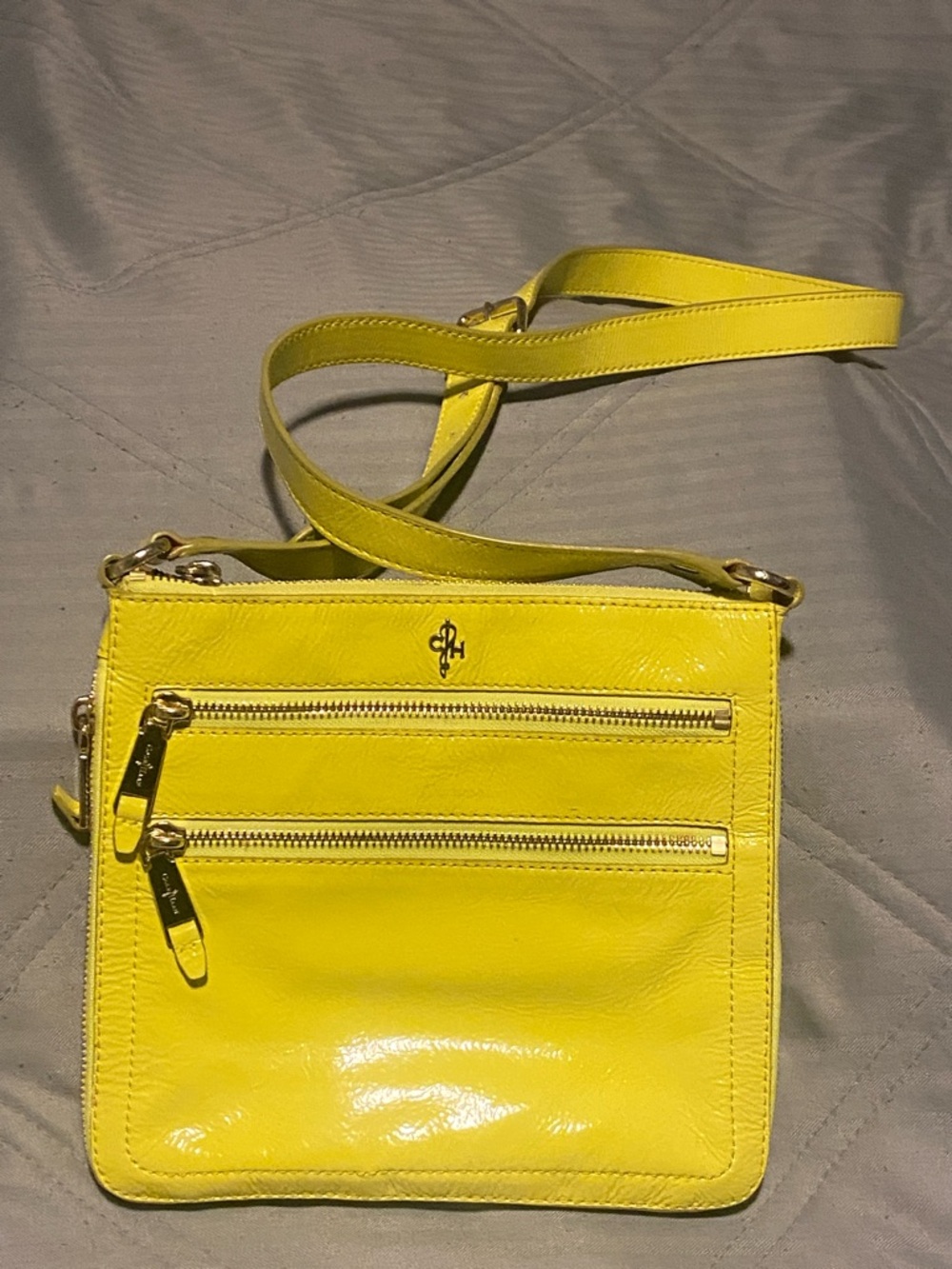 Cole Haan Yellow Patent Leather Crossbody with Dual Zip Front Pockets